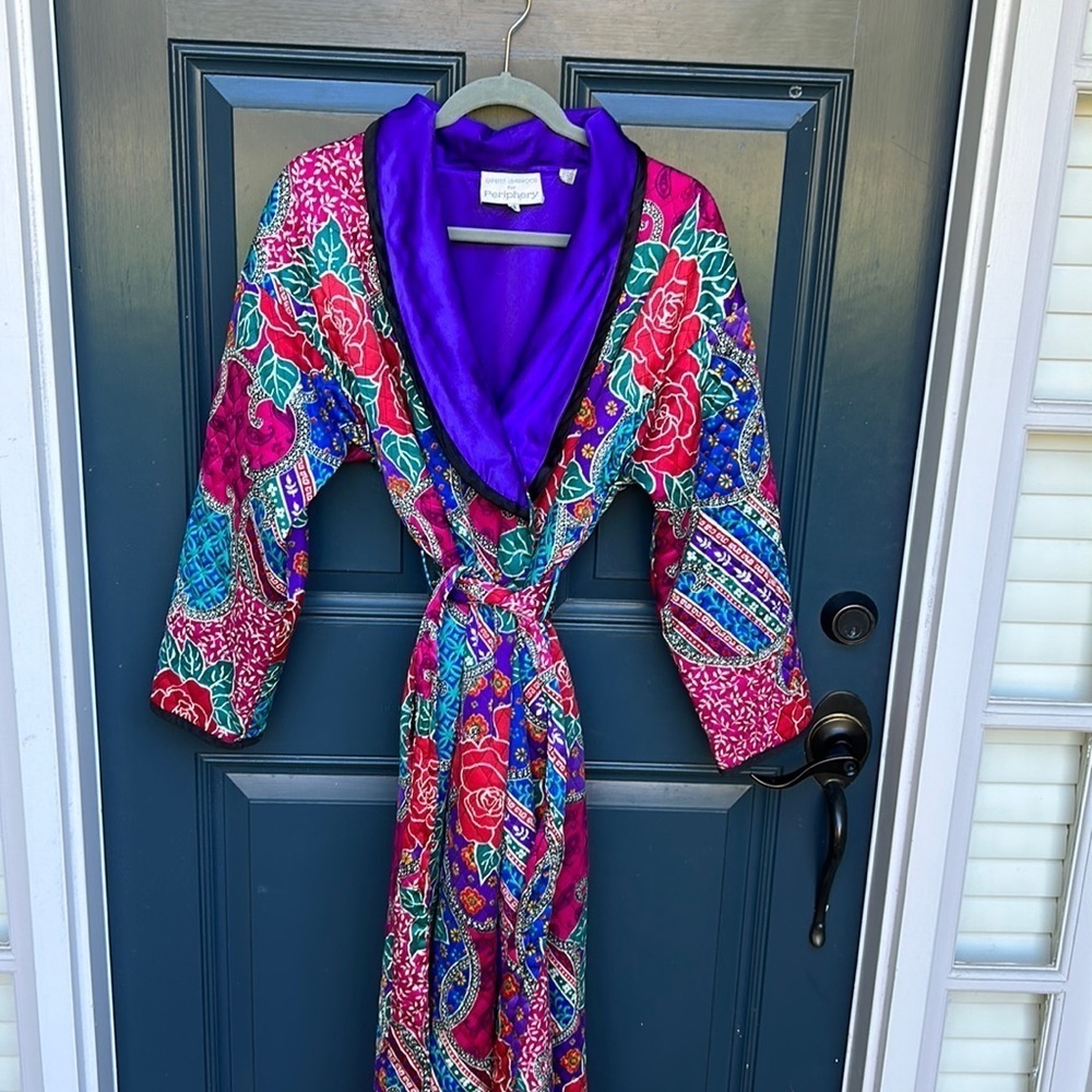 Purple Trim Floral Satin Robe - Vibrant Multicolor Wrap